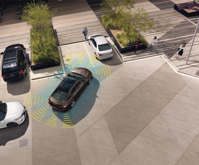 Overhead Shot of Camry pulling into parking spot. Overlay of blue and yellow sonar lines.