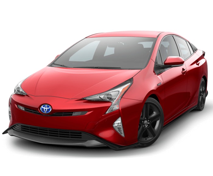 Front angled view of the Prius Four in red on a white background. 
