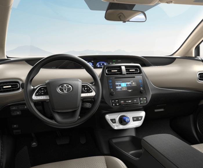 Rear view of the Prius Two Eco driver and front passenger seats, steering wheel, and dynamic touchscreen infotainment display in beige and black fabric.