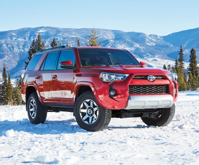 2019 4Runner in Barcelona Red Metallic, front exterior shot in the snow.