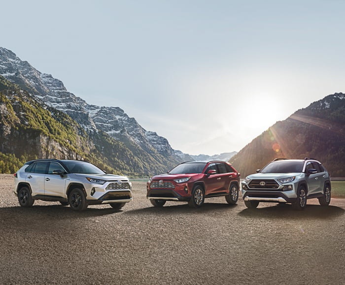 2019 RAV4 in Super White, 2019 RAV4 in Ruby Flare Pearl and a 2019 RAV4 in Silver Sky Metallic in front of mountains.