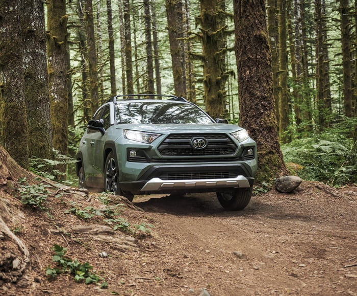 2019 RAV4 in Lunar Rock on a dirt road in the forest.