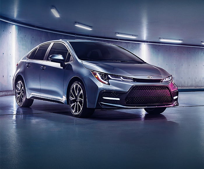 2020 Corolla in Celestite Gray Metallic delivers curb appeal in an underground parking garage.